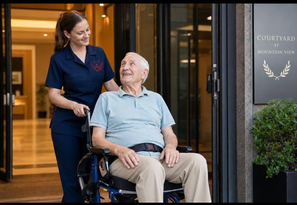 Pflegepersonal mit Patient im Tragestuhl